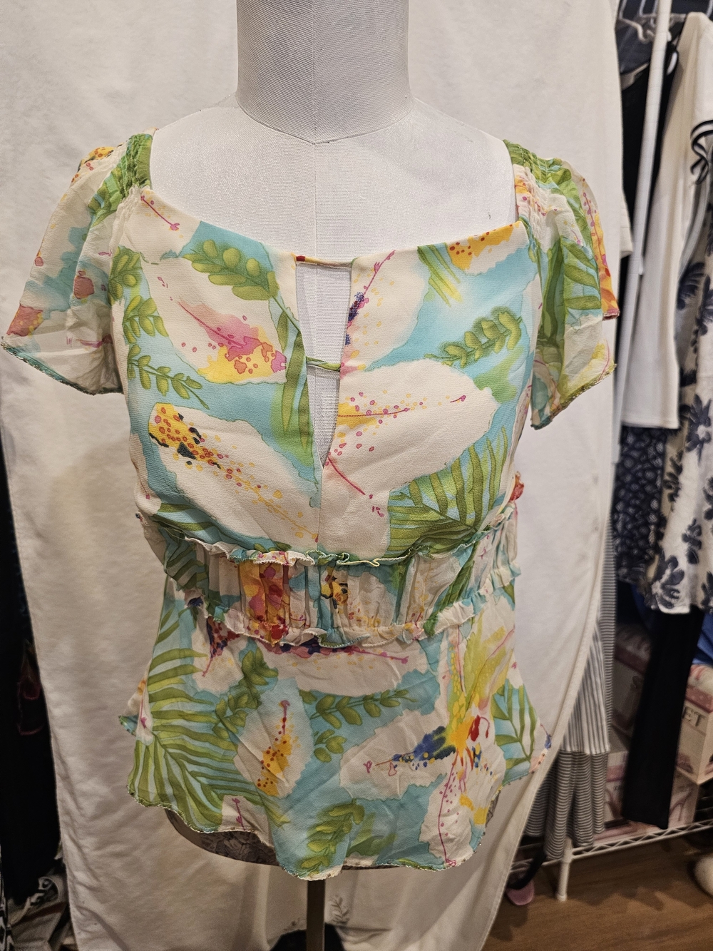 Nicole Miller Collection Square-Neck Floral Peplum Blouse - Green Multi Y2K